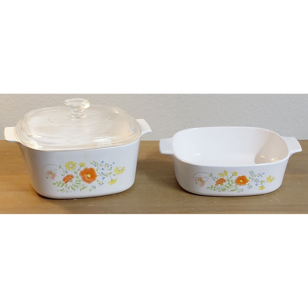 Vintage CorningWare Wildflower Casserole And Shallow Baker Set With Lid